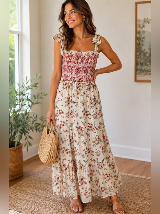 LC Lauren Conrad Dresses & Skirts - LC Lauren Conrad Cream Floral Maxi Dress with Red Smocked Bodice